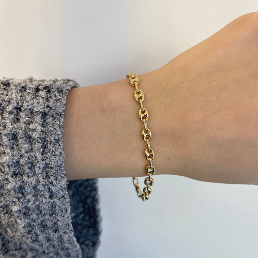 14KT Yellow Gold 5mm Puffed Anchor Mariner Chain Link Bracelet