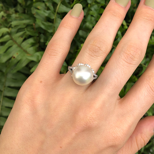 14KT White Gold Pave Diamond + Genuine Paspaley South Sea Pearl Ring - Legacy Saint Jewelry