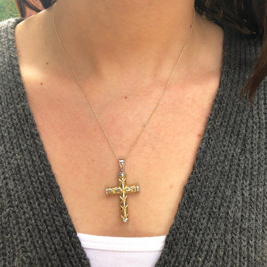 14KT Yellow Gold + White Gold Quilted Cross Pendant - Legacy Saint Jewelry