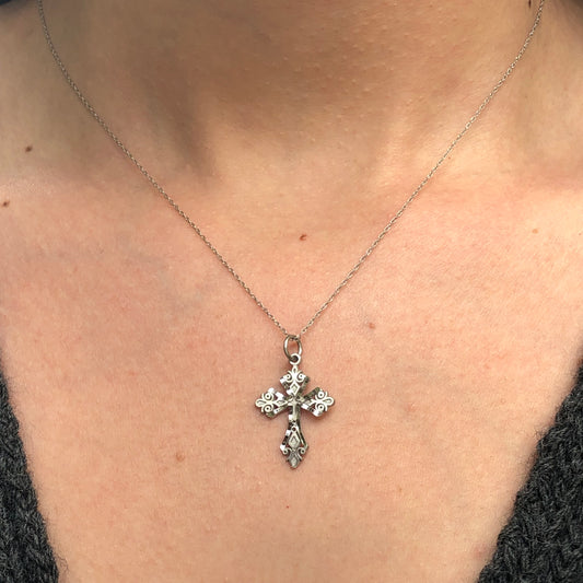 10KT White Gold Diamond-Cut Detailed Cross Charm Pendant, 10KT White Gold Diamond-Cut Detailed Cross Charm Pendant - Legacy Saint Jewelry