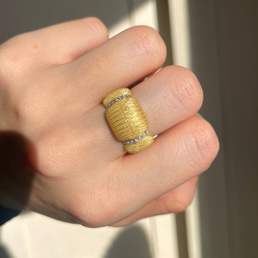 18KT Yellow Gold Pave Diamond Matte Domed Ring