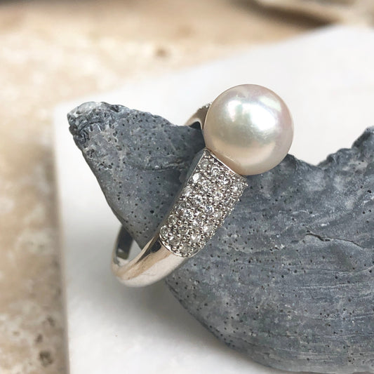 Estate 14KT White Gold Pave Diamond + Genuine Pearl Ring - Legacy Saint Jewelry