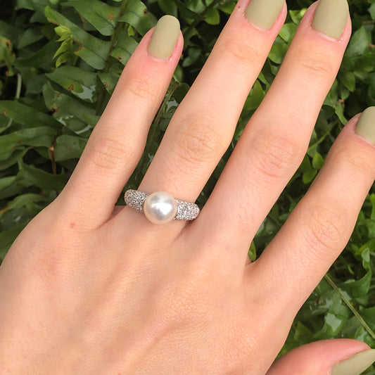 Estate 14KT White Gold Pave Diamond + Genuine Pearl Ring - Legacy Saint Jewelry