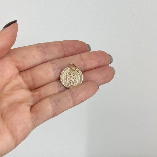 14KT Yellow Gold St Christopher Patron Saint Round Medal Pendant 19mm
