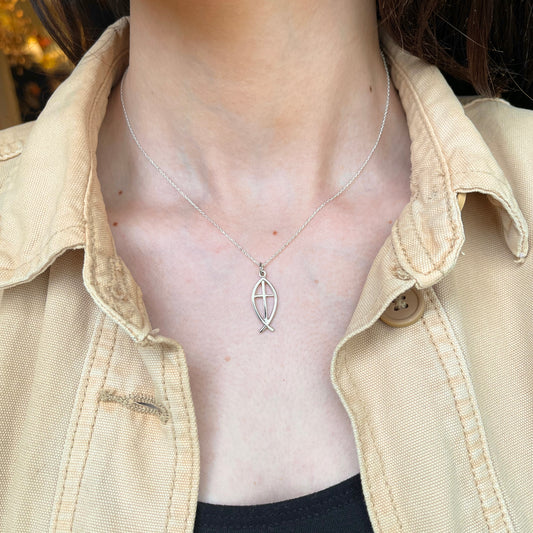 Sterling Silver Ichthus Cross Vertical Pendant