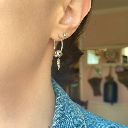 Sterling Silver Cornicello Italian Horn Charm Hoop Earrings