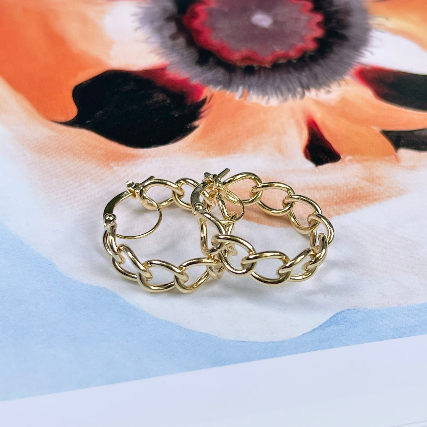 14KT Yellow Gold Open Chain Link Design Hoop Earrings 21mm