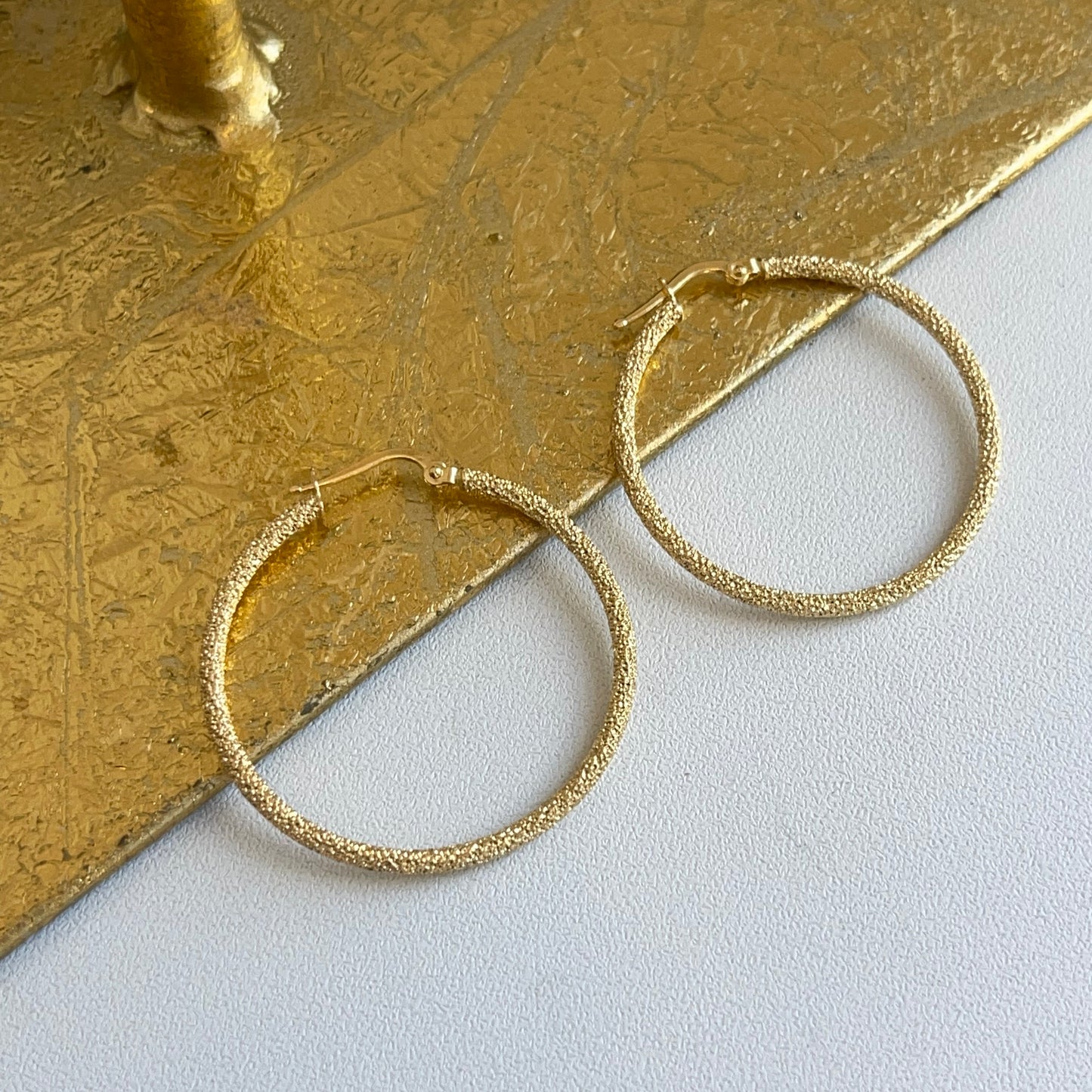 14KT Yellow Gold Textured Matte Round Hoop Earrings 35mm