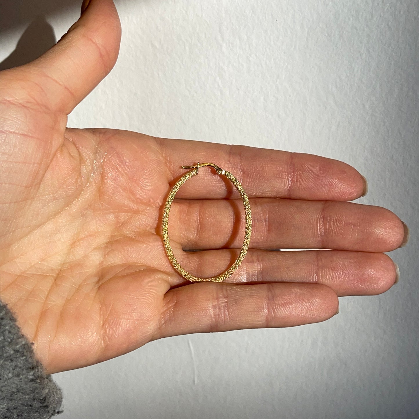 14KT Yellow Gold Textured Matte Oval Hoop Earrings 40mm