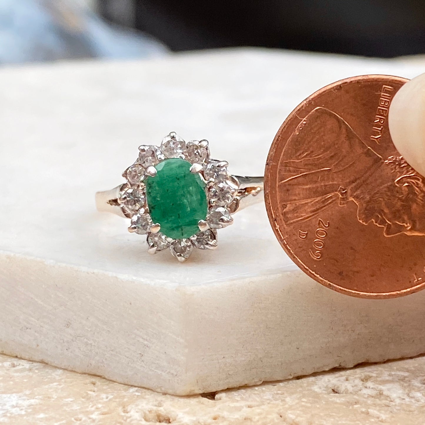 Estate 14KT White Gold Oval .90CT Emerald + Diamond Accent Ring, Estate 14KT White Gold Oval .90CT Emerald + Diamond Accent Ring - Legacy Saint Jewelry