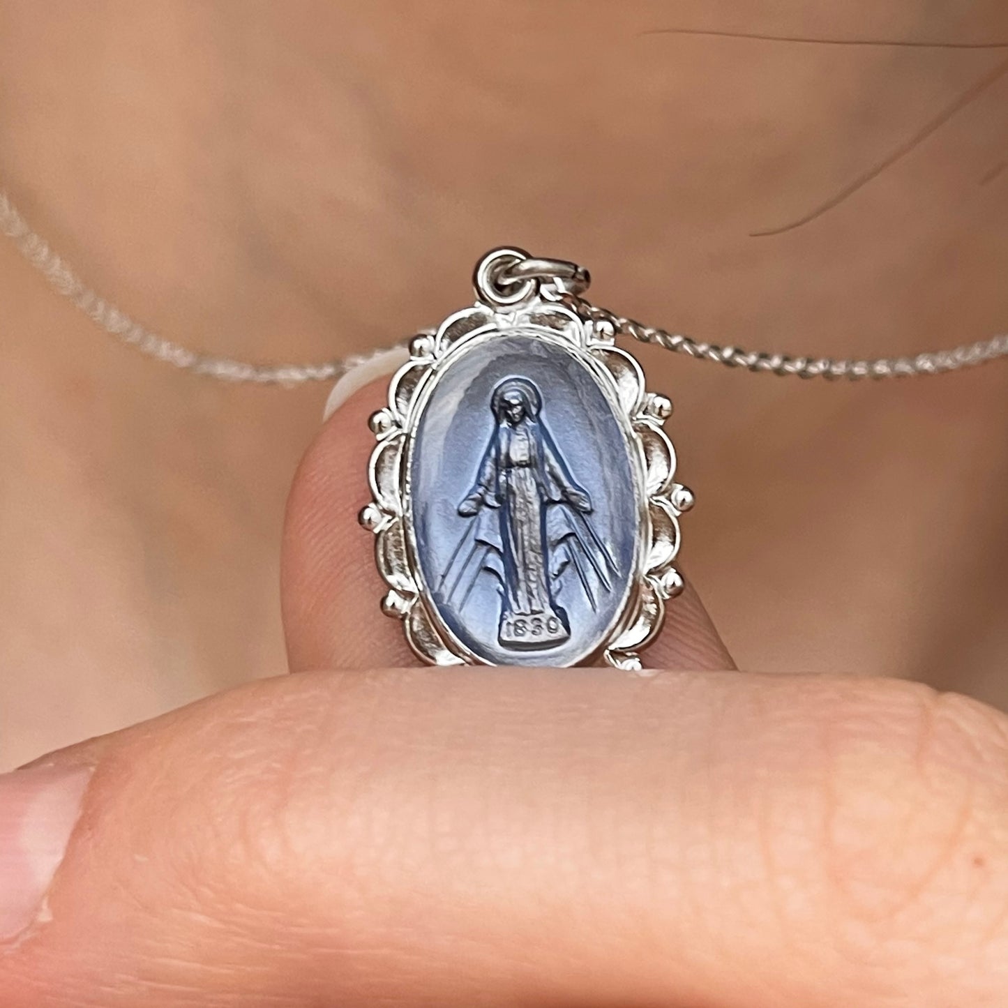 Sterling Silver Blue Oval Miraculous Medal Pendant Necklace