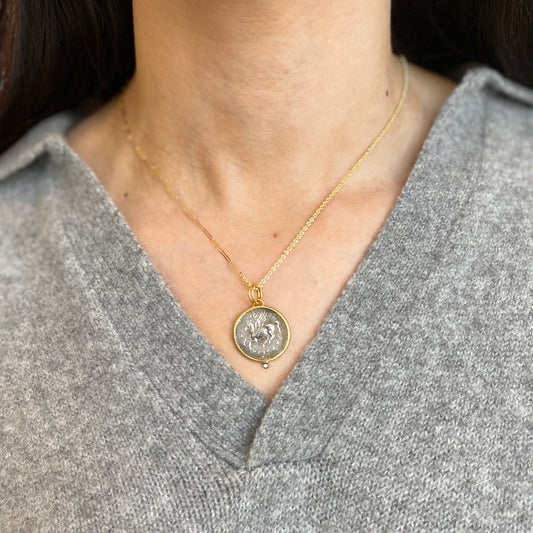 24KT Yellow Gold Infused + Sterling Silver Horse Warrior Diamond Coin Pendant