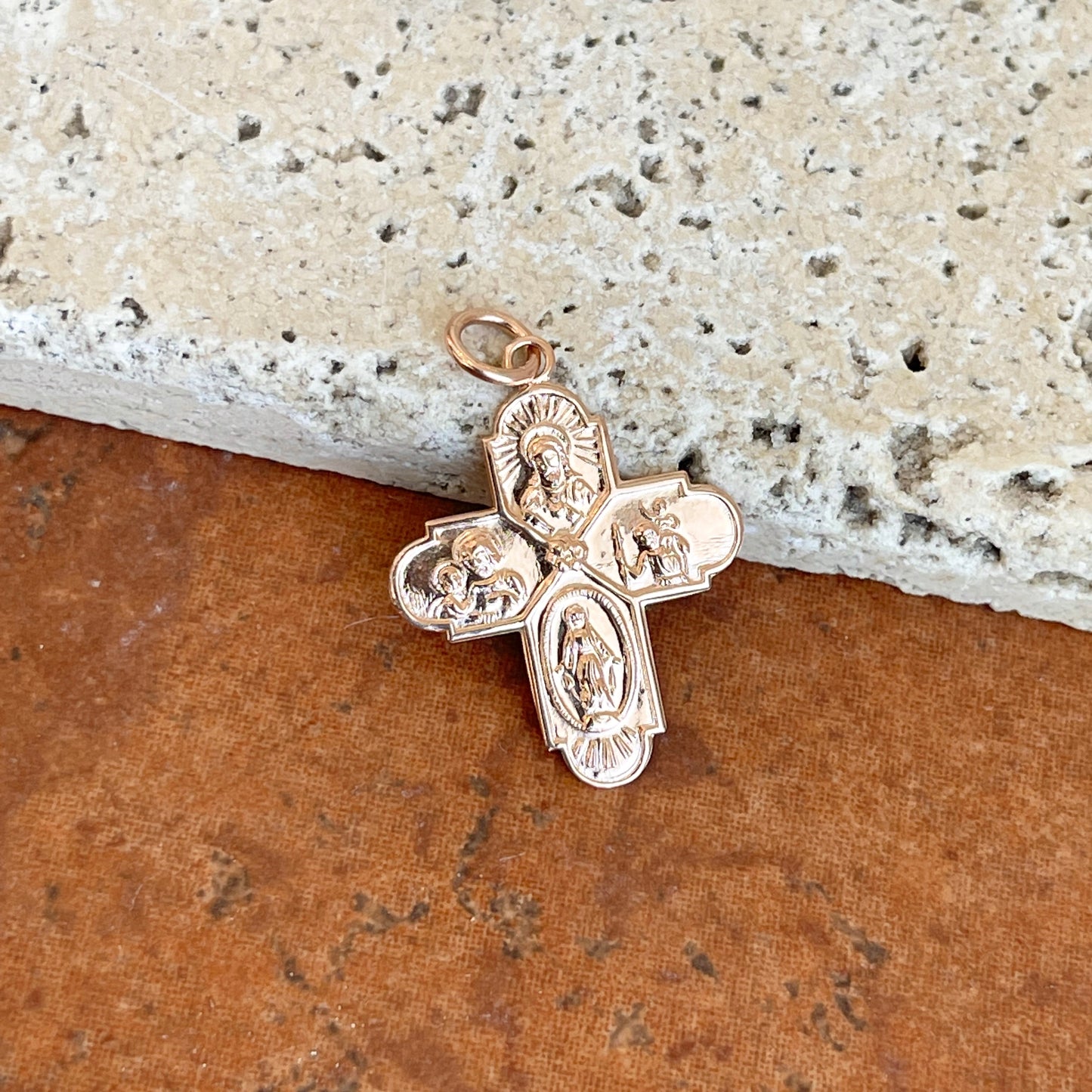 14KT Rose Gold Four Way Cross Medal Pendant 24mm