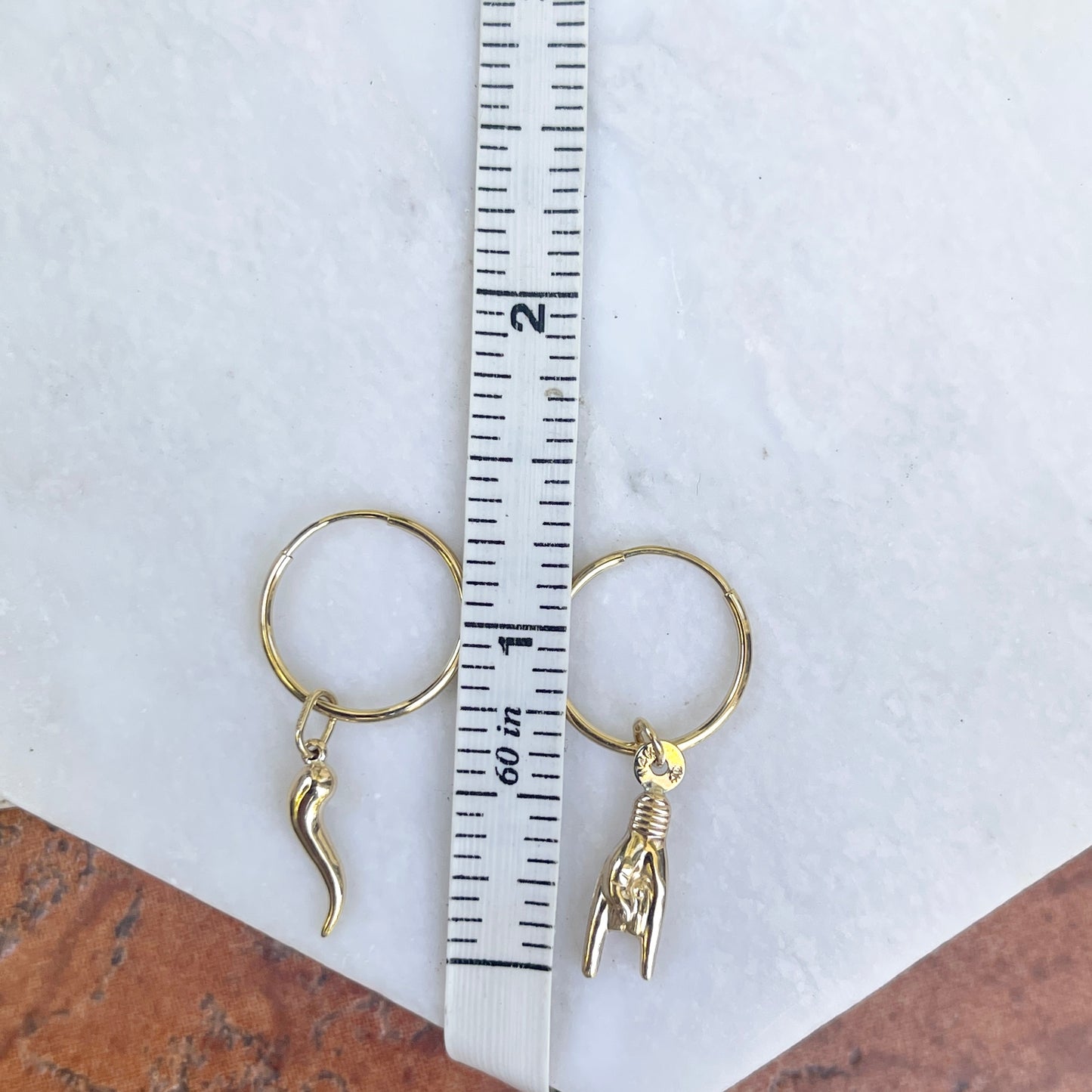 14KT Yellow Gold Mano Cornuto + Italian Horn Charm Hoop Earrings