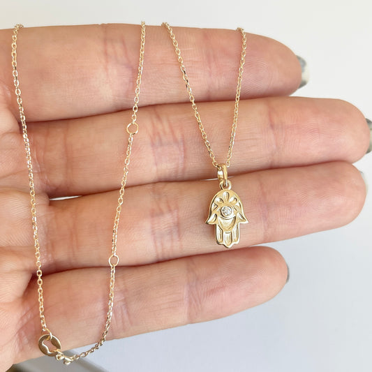 14KT Yellow Gold .03 CT Diamond Hamsa Pendant Necklace