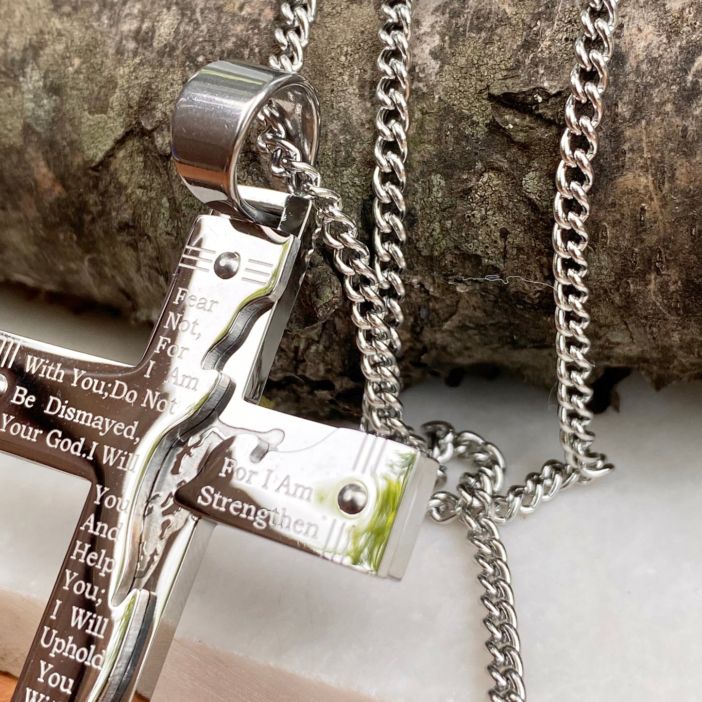 Stainless Steel Polished Etched Isaiah 41:10 Prayer Large Cross Chain Necklace, Stainless Steel Polished Etched Isaiah 41:10 Prayer Large Cross Chain Necklace - Legacy Saint Jewelry