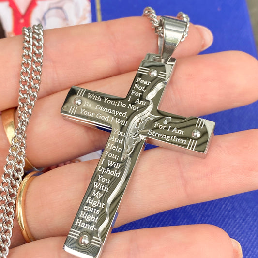 Stainless Steel Polished Etched Isaiah 41:10 Prayer Large Cross Chain Necklace, Stainless Steel Polished Etched Isaiah 41:10 Prayer Large Cross Chain Necklace - Legacy Saint Jewelry