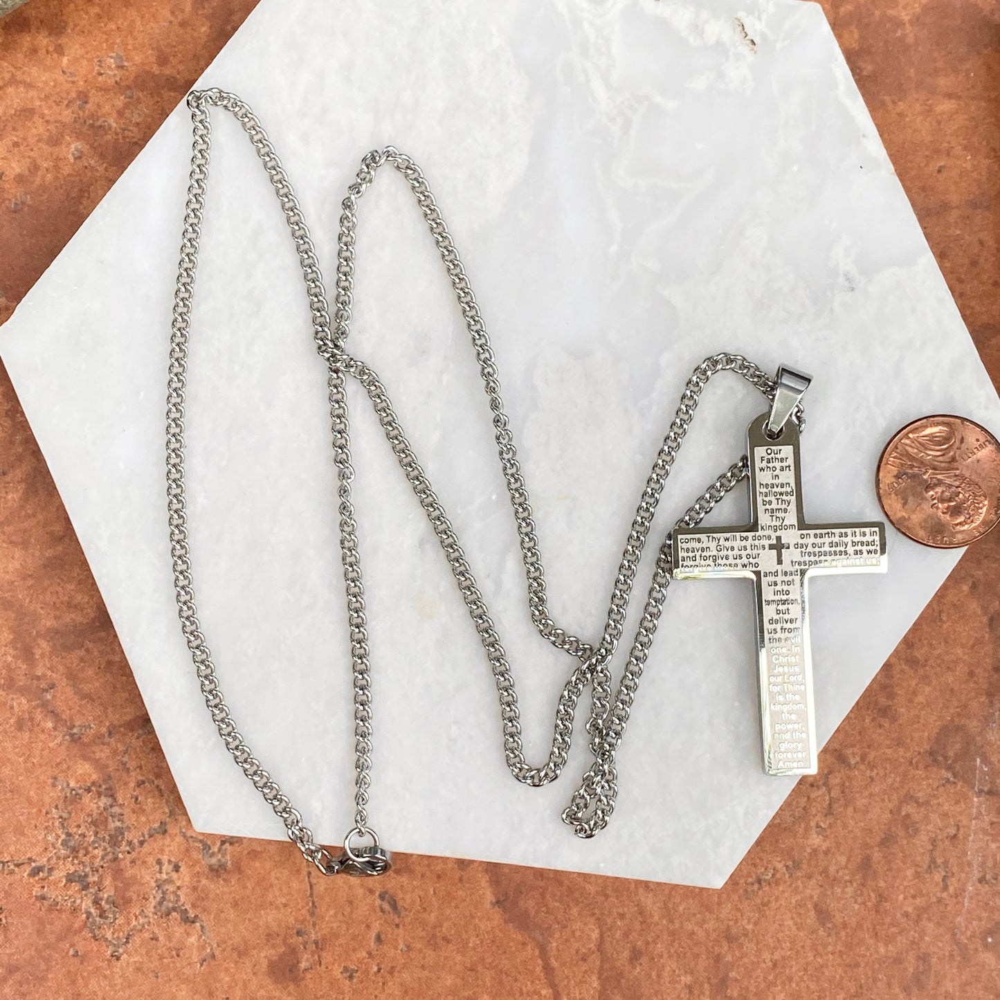 Stainless Steel Polished The Lord's Prayer Large Cross Chain Necklace, Stainless Steel Polished The Lord's Prayer Large Cross Chain Necklace - Legacy Saint Jewelry