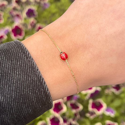 14KT Yellow Gold Red Ladybug Mini Charm Chain Bracelet
