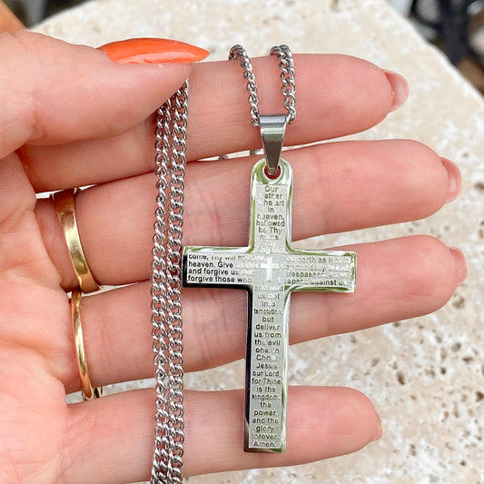 Stainless Steel Polished The Lord's Prayer Large Cross Chain Necklace, Stainless Steel Polished The Lord's Prayer Large Cross Chain Necklace - Legacy Saint Jewelry