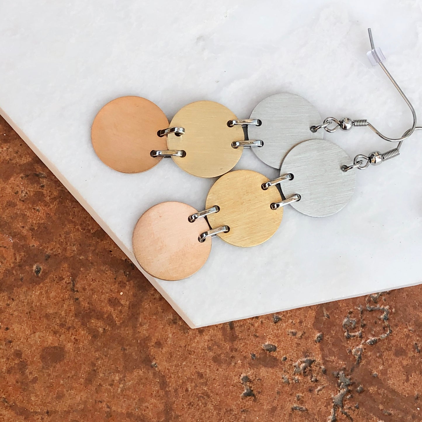 Stainless Steel Tri Color Matte Glitter Dangle Earrings, Stainless Steel Tri Color Matte Glitter Dangle Earrings - Legacy Saint Jewelry