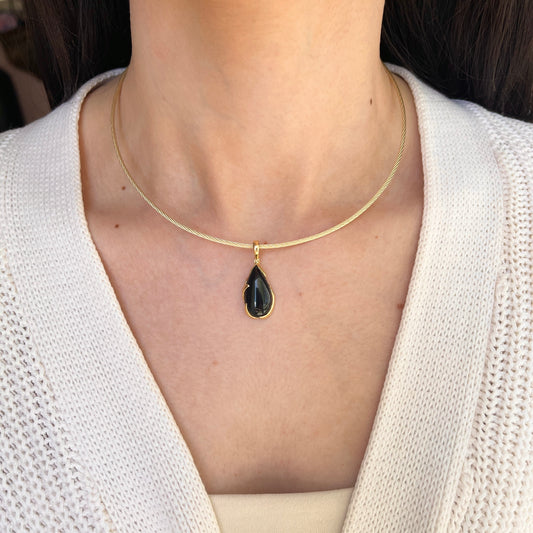 Estate 14KT Yellow Gold Detailed Black Onyx Teardrop Pendant Omega Slide