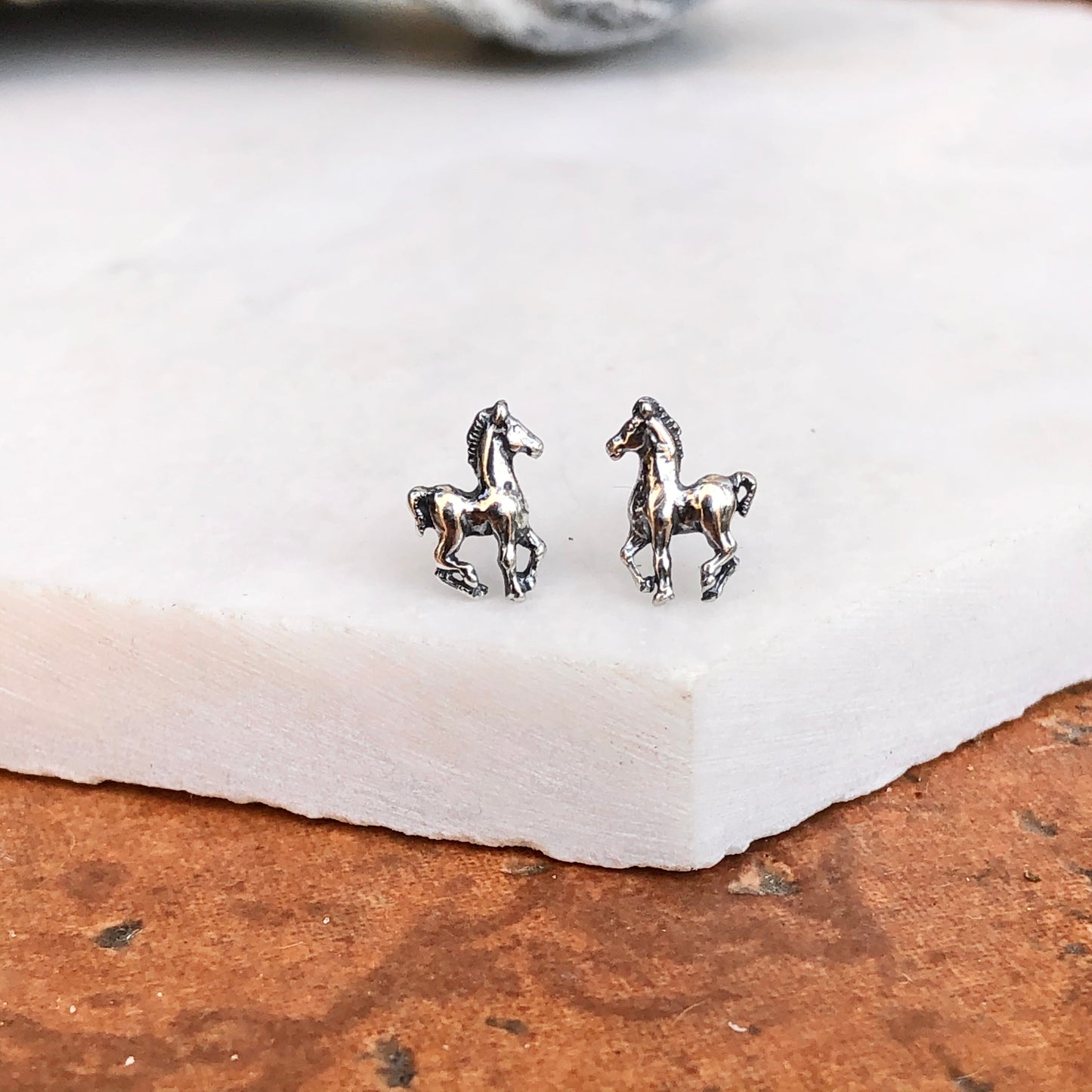 Sterling Silver Pony Horse Antiqued Stud Earrings, Sterling Silver Pony Horse Antiqued Stud Earrings - Legacy Saint Jewelry