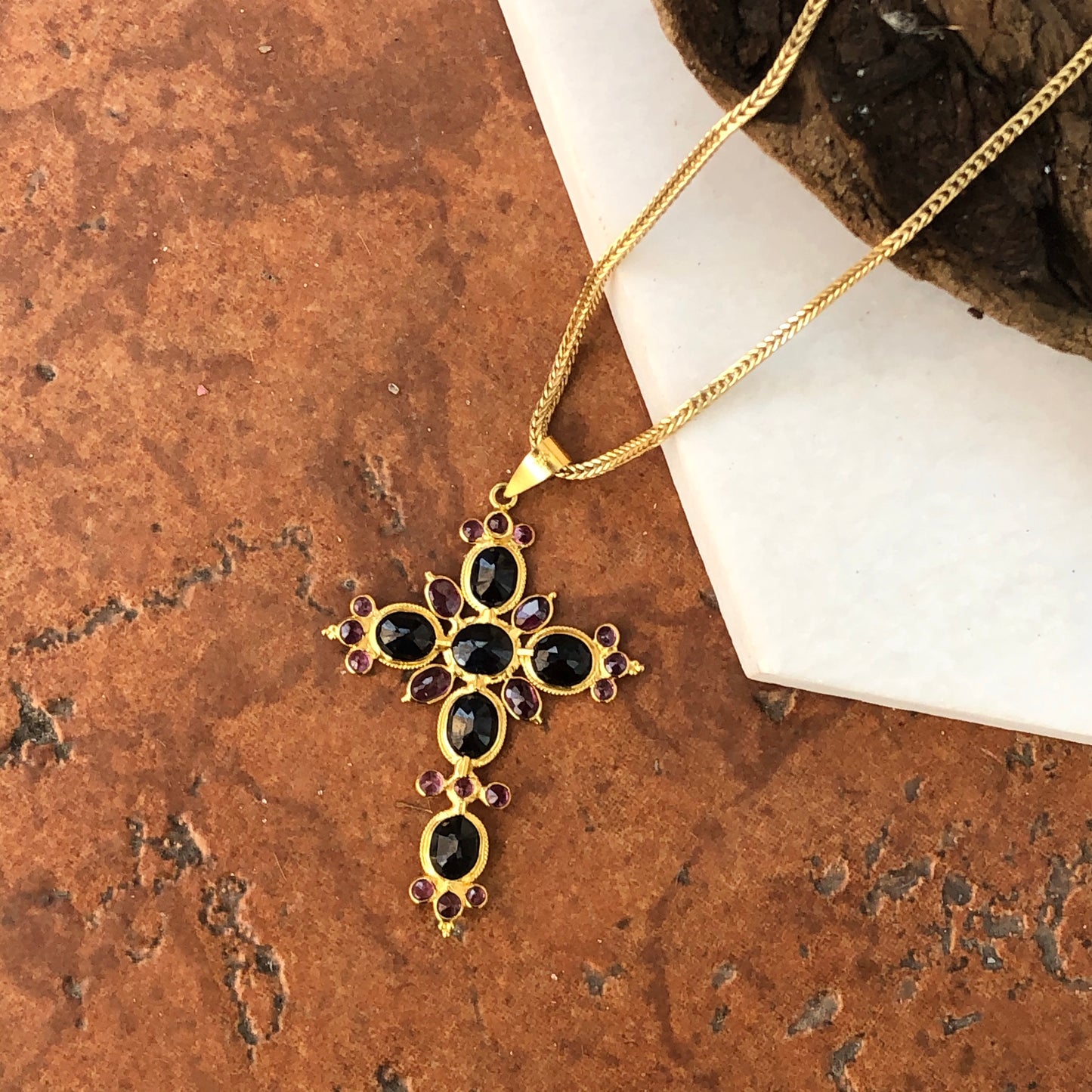 Estate 18KT Yellow Gold Blue Sapphire + Ruby Ornate Cross Pendant, Estate 18KT Yellow Gold Blue Sapphire + Ruby Ornate Cross Pendant - Legacy Saint Jewelry