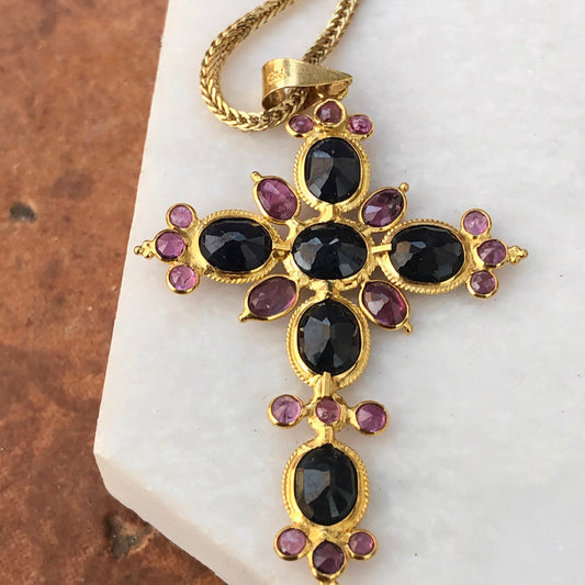 Estate 18KT Yellow Gold Blue Sapphire + Ruby Ornate Cross Pendant, Estate 18KT Yellow Gold Blue Sapphire + Ruby Ornate Cross Pendant - Legacy Saint Jewelry