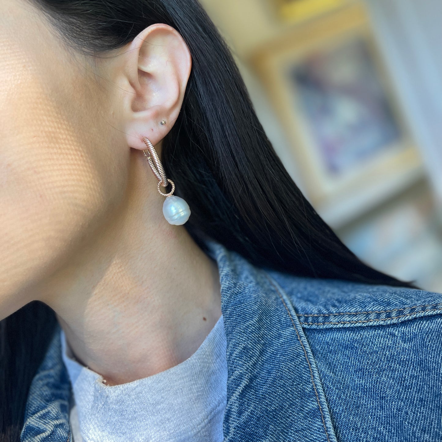 14KT Rose Gold Rope Design Paspaley South Sea Pearl Earring Charms 13mm