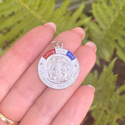 OOO Sterling Silver Red, White + Blue Enamel Saint Michael Round Medal Pendant, OOO Sterling Silver Red, White + Blue Enamel Saint Michael Round Medal Pendant - Legacy Saint Jewelry