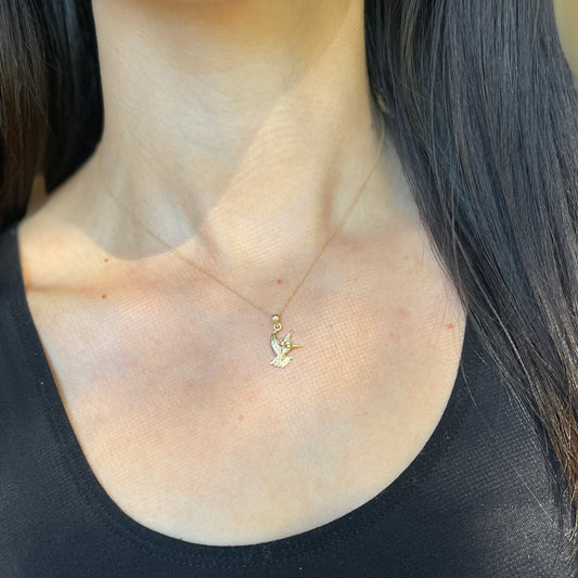 14KT Yellow Gold Flying Hummingbird Pendant Chain Necklace