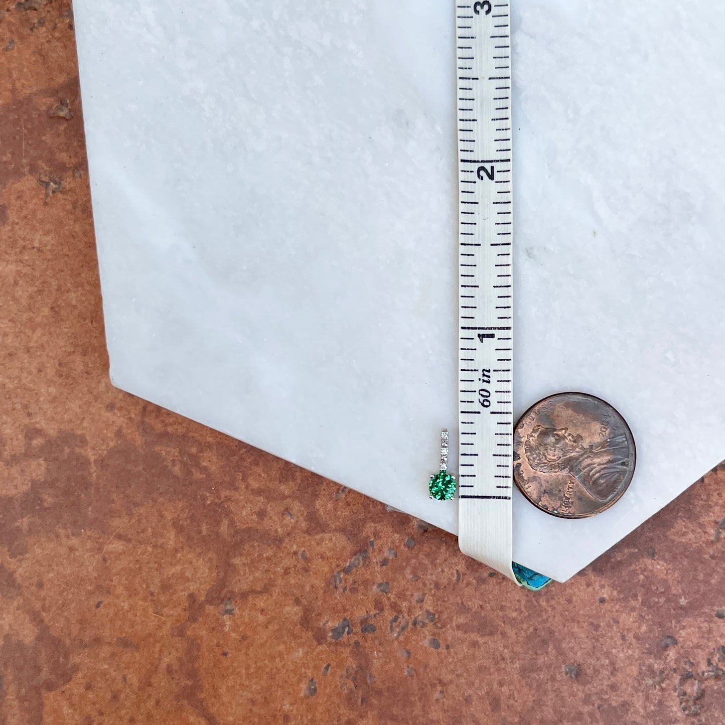 14KT White Gold Round Imitation Emerald + Diamond Pendant Slide