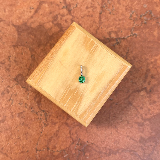 14KT White Gold Round Imitation Emerald + Diamond Pendant Slide