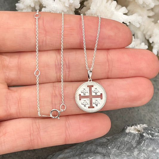 Sterling Silver Jerusalem Cross Diamond Medal Pendant Necklace