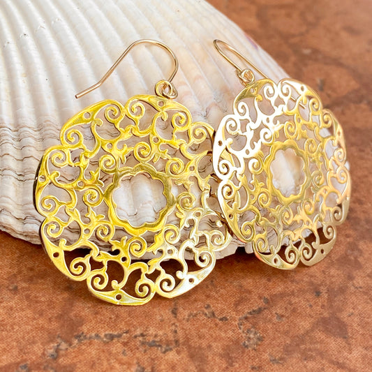 14KT Yellow Gold Lace Filigree Circle Dangle Earrings, 14KT Yellow Gold Lace Filigree Circle Dangle Earrings - Legacy Saint Jewelry