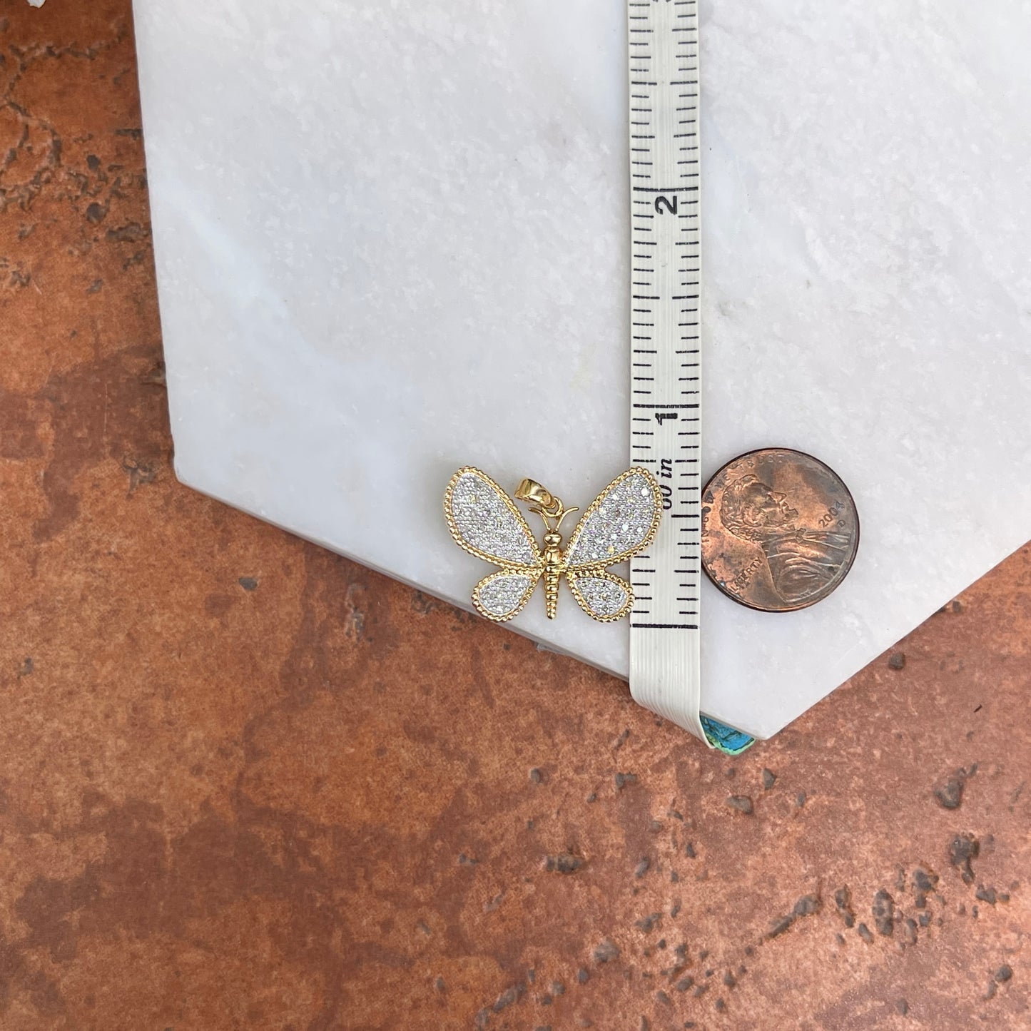 14KT Yellow Gold + White Gold Pave Diamond Butterfly Estate Pendant Charm - LSJ