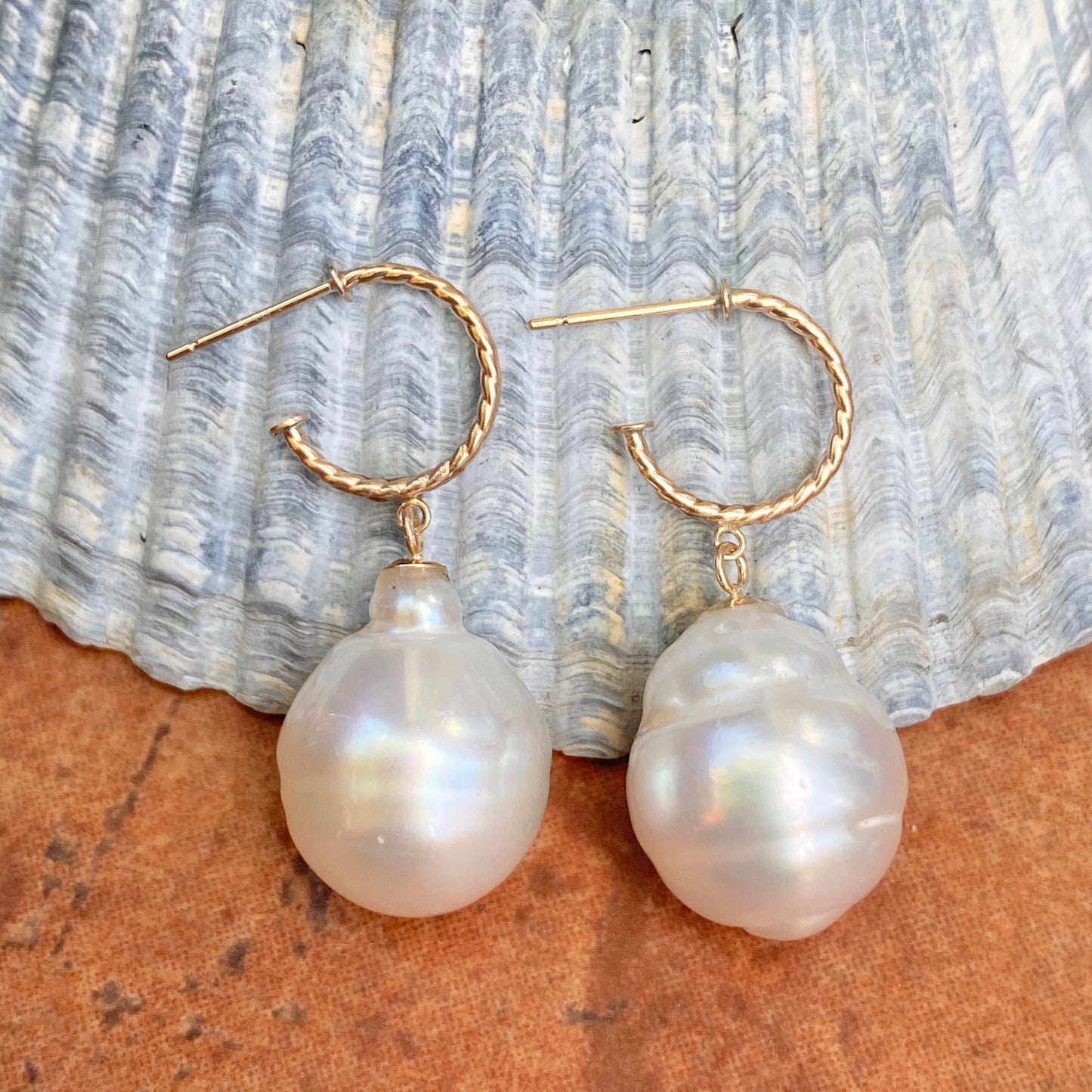 14KT Yellow Gold Rope Twist Hoop with Paspaley South Sea Pearl Drop Charm Earrings, 14KT Yellow Gold Rope Twist Hoop with Paspaley South Sea Pearl Drop Charm Earrings - Legacy Saint Jewelry
