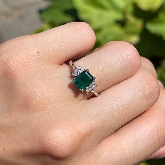 Estate 14KT White Gold Emerald-Cut 2.00 CT Emerald + Marquise Diamond Ring
