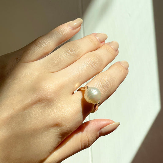 14KT Yellow Gold 12mm Genuine Paspaley South Sea Pearl Unique Design Ring - LSJ