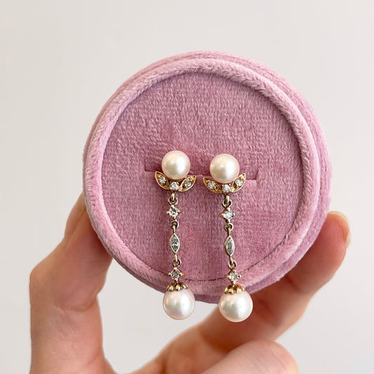 Estate 14KT Yellow Gold Cultured White Pearl + Diamond Dangle Earrings