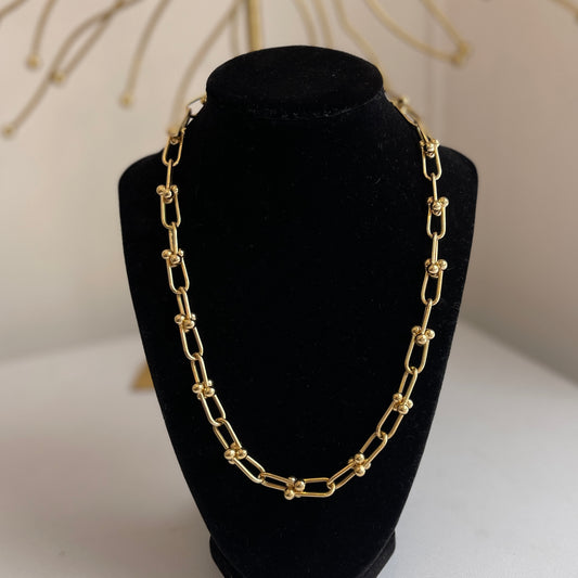 14KT Yellow Gold Ball Knot Hardware Rectangle Chain Necklace 18"