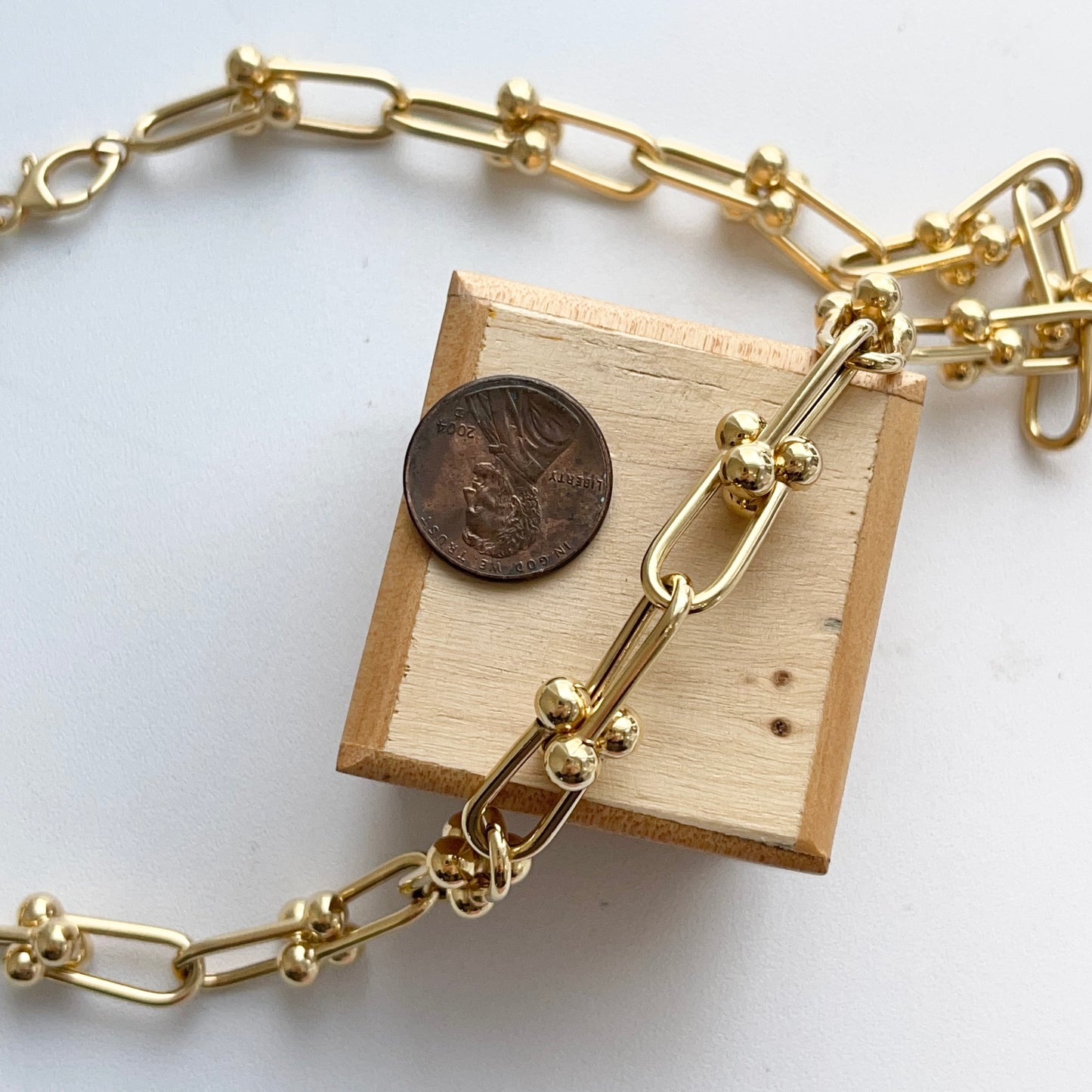 14KT Yellow Gold Ball Knot Hardware Rectangle Chain Necklace 18"