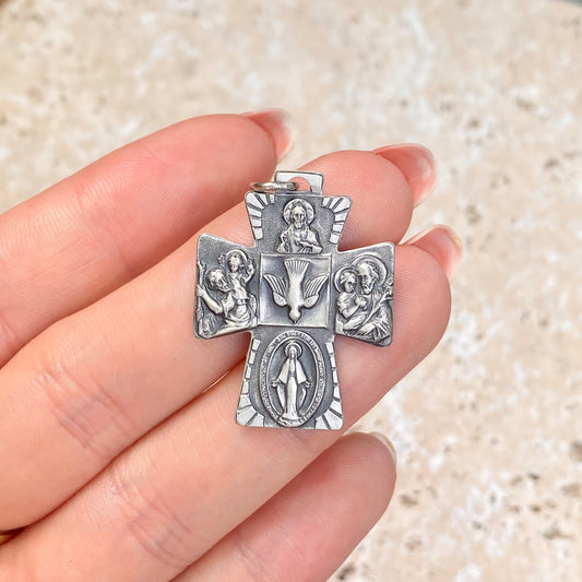 Sterling Silver Antiqued Four Way Catholic Cross Medal Pendant 35mm, Sterling Silver Antiqued Four Way Catholic Cross Medal Pendant 35mm - Legacy Saint Jewelry