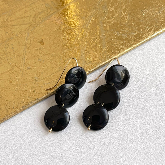 Estate 14KT Yellow Gold Triple Disc Black Onyx Dangle Earrings