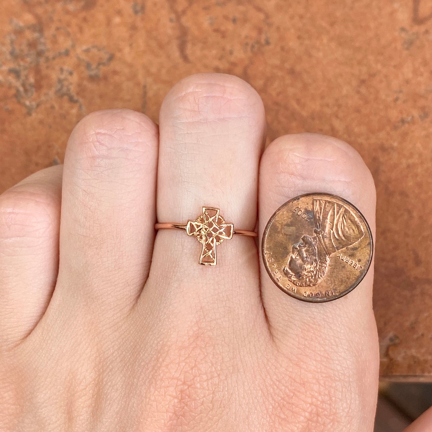 14KT Rose Gold Celtic Cross Open Weave Ring - Legacy Saint Jewelry
