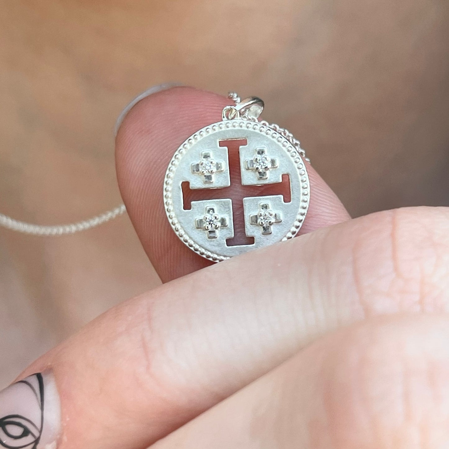 Sterling Silver Jerusalem Cross Diamond Medal Pendant Necklace