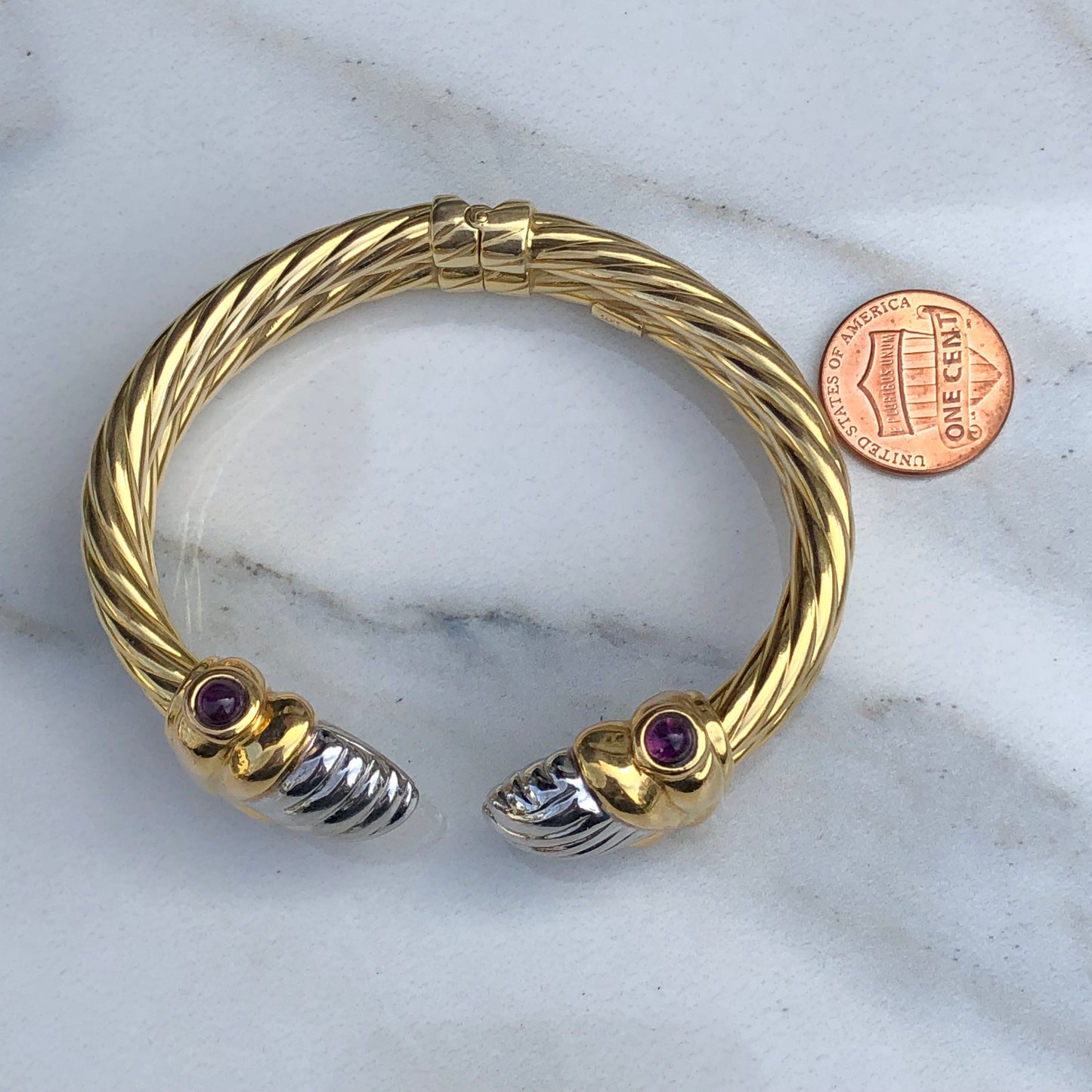 14KT White Gold + Yellow Gold Polished Amethyst Bangle Estate Bracelet - Legacy Saint Jewelry