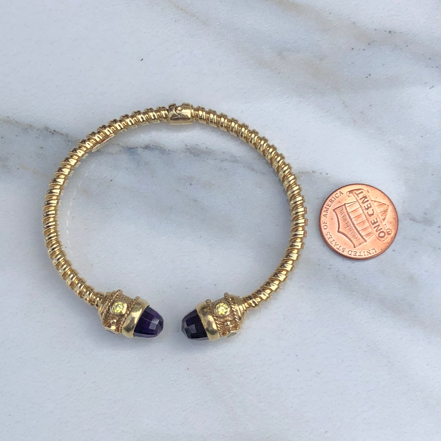 Estate 14KT Yellow Gold Checkerboard Amethyst Briolette + Citrine Bangle Bracelet - Legacy Saint Jewelry