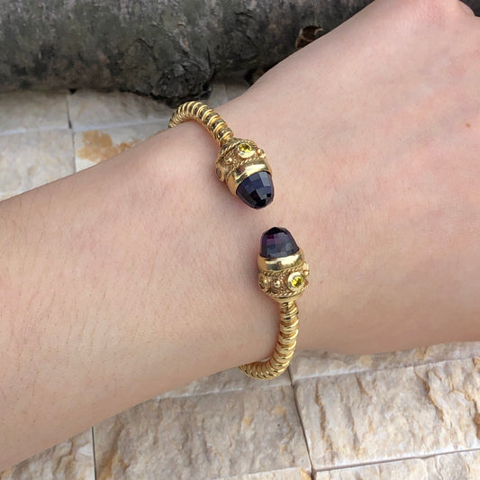 Estate 14KT Yellow Gold Checkerboard Amethyst Briolette + Citrine Bangle Bracelet - Legacy Saint Jewelry